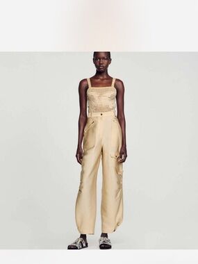 Sandro Beige Cargo Wide-Leg Trousers